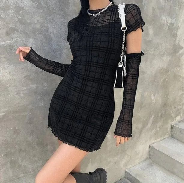 Black Plaid Mini Dress — view 2 Black Plaid Mini Dress — view 2