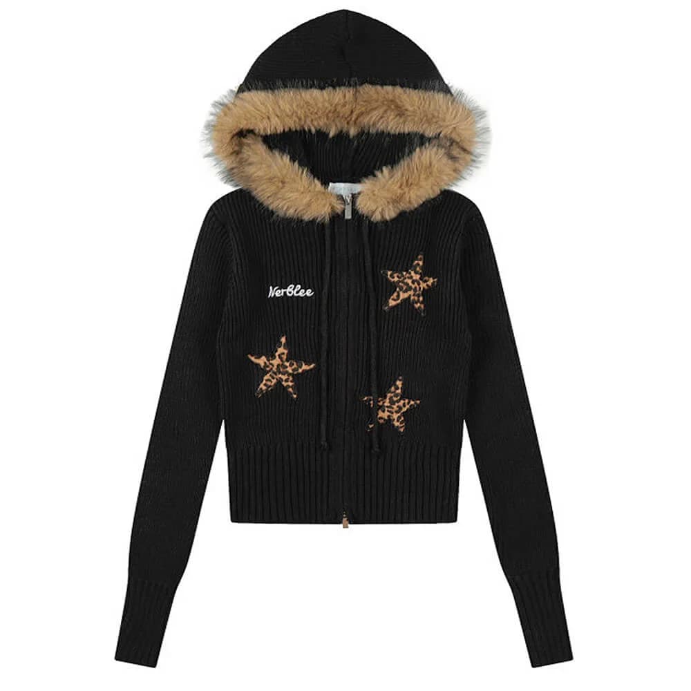 Y2K Star Fur Trim Zip Hoodie — view 2 Y2K Star Fur Trim Zip Hoodie — view 2
