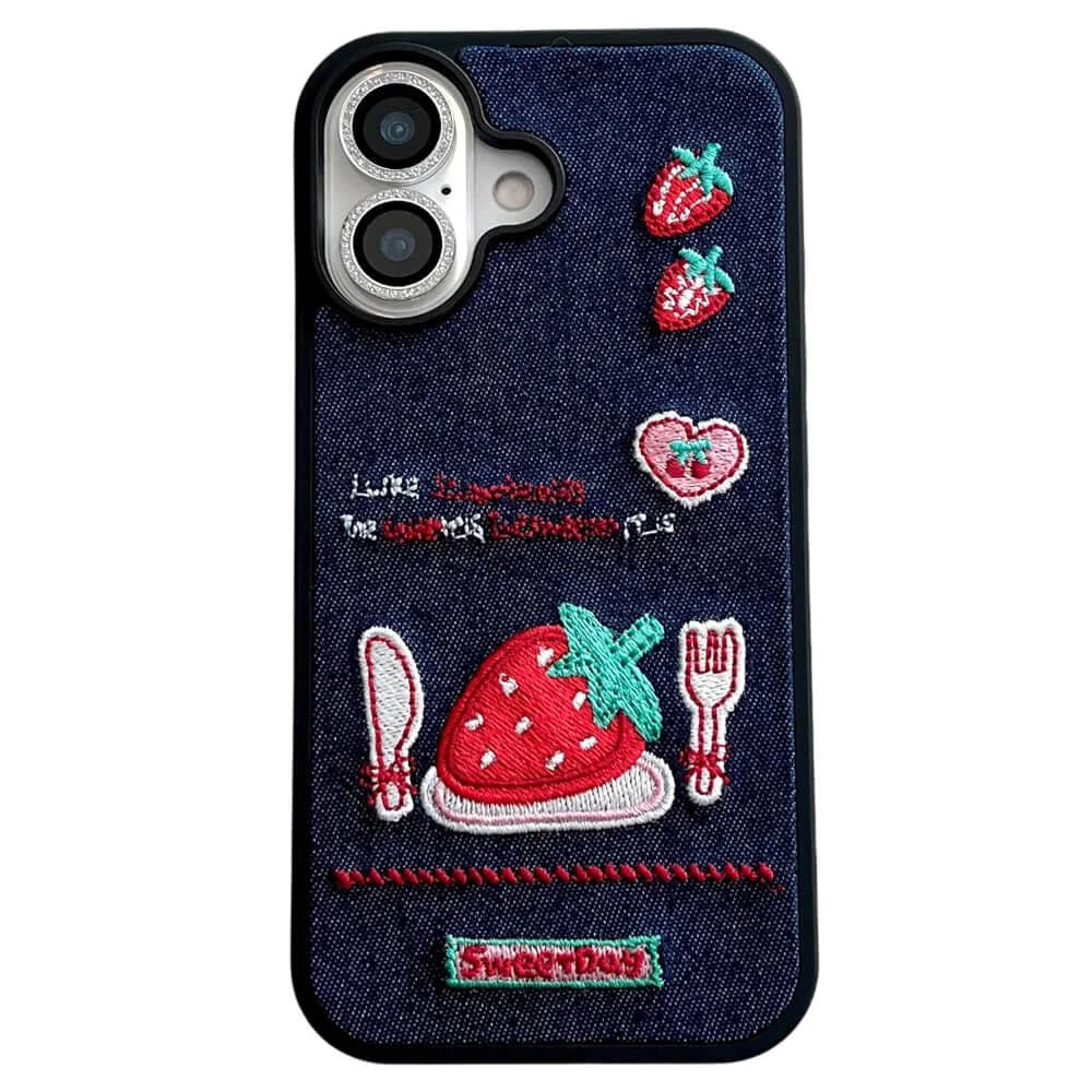 Strawberry Embroidery Denim iPhone Case — view 1 Strawberry Embroidery Denim iPhone Case — view 1