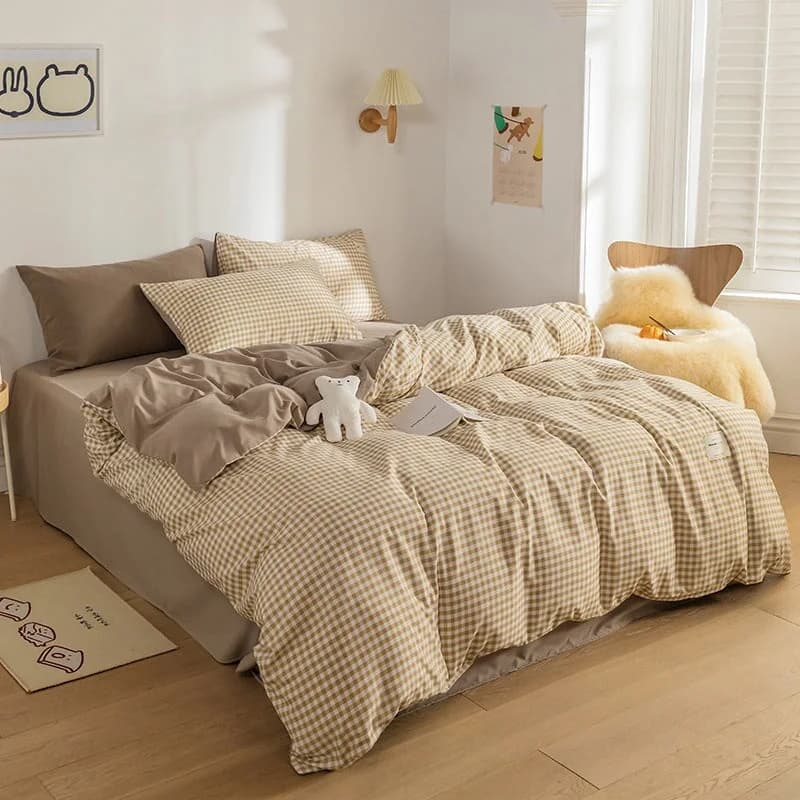 Brown Blue Mustard Mini Checked Bedding Set — view 1 Brown Blue Mustard Mini Checked Bedding Set — view 1