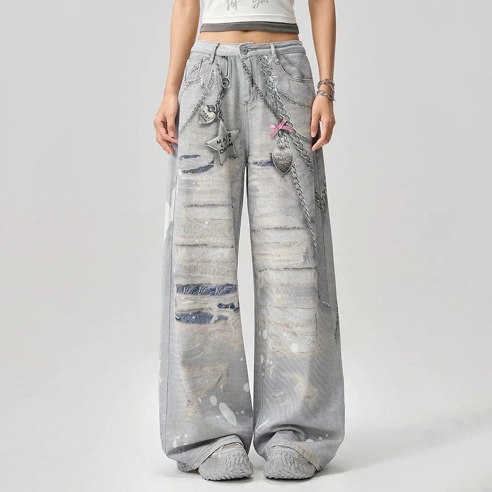Washed Grey Y2K Chain Print Jeans — view 2 Washed Grey Y2K Chain Print Jeans — view 2