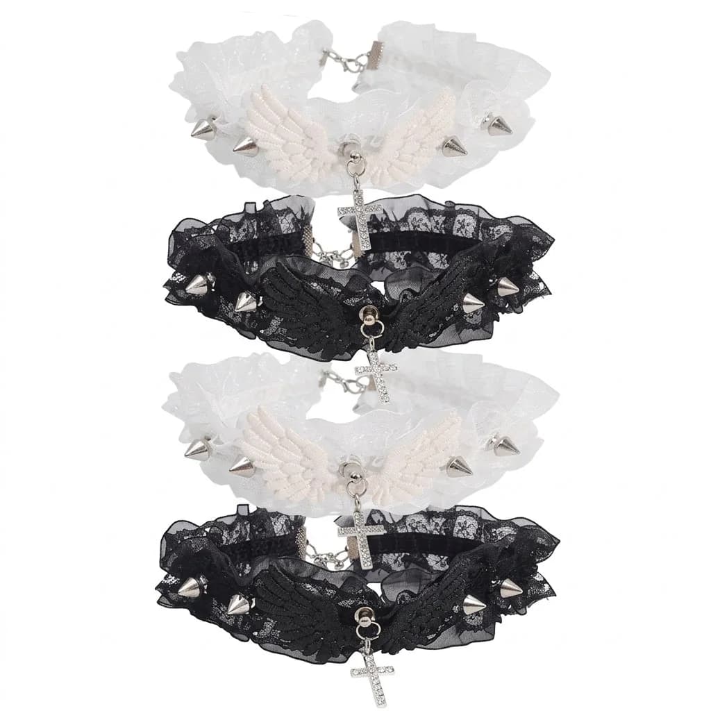 Visual Kei Lace Ruffle Cross Charm Angel Wing Spike Choker Necklace — view 1 Visual Kei Lace Ruffle Cross Charm Angel Wing Spike Choker Necklace — view 1