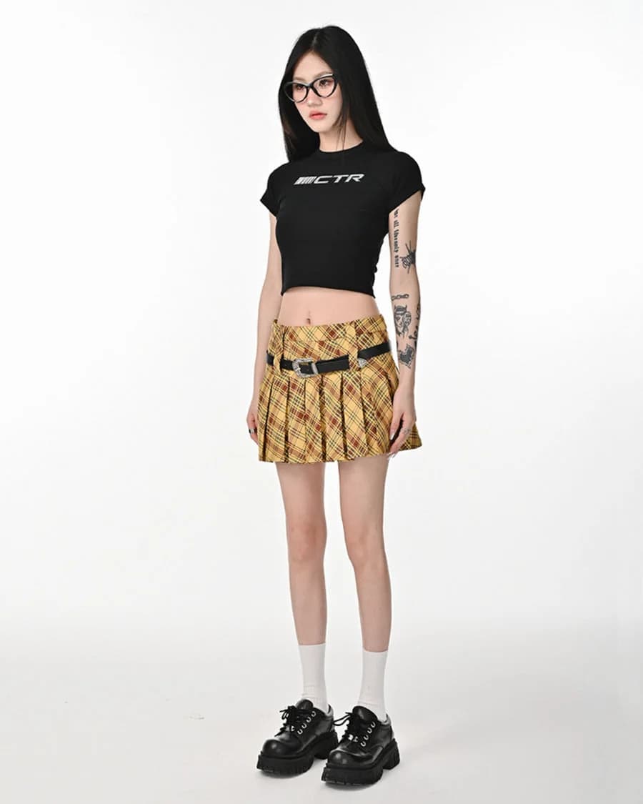 Double Belt Plaid Pleated Skirt in Yellow — view 2 Double Belt Plaid Pleated Skirt in Yellow — view 2