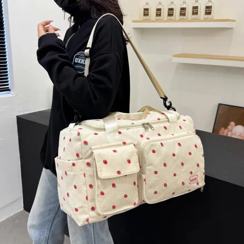 Strawberry Corduroy Travel Tote Bag Gym Bag Travel Bag with Shoe Compartment — view 1 Strawberry Corduroy Travel Tote Bag Gym Bag Travel Bag with Shoe Compartment — view 1