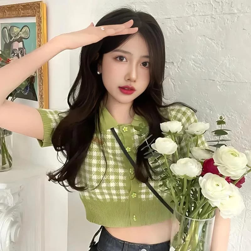 Soft Girl Plaid Crop Cardigan — view 2 Soft Girl Plaid Crop Cardigan — view 2