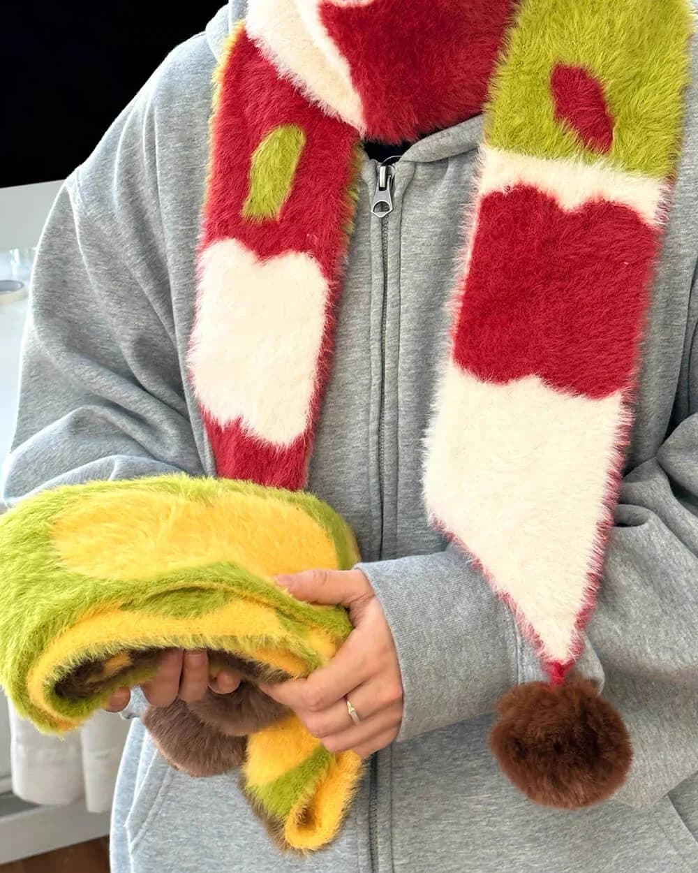 Fuzzy Apple Pattern Knit Scarf — view 2 Fuzzy Apple Pattern Knit Scarf — view 2