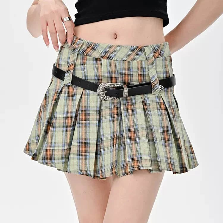 Double Belt Plaid Pleated Skirt in Green — view 1 Double Belt Plaid Pleated Skirt in Green — view 1