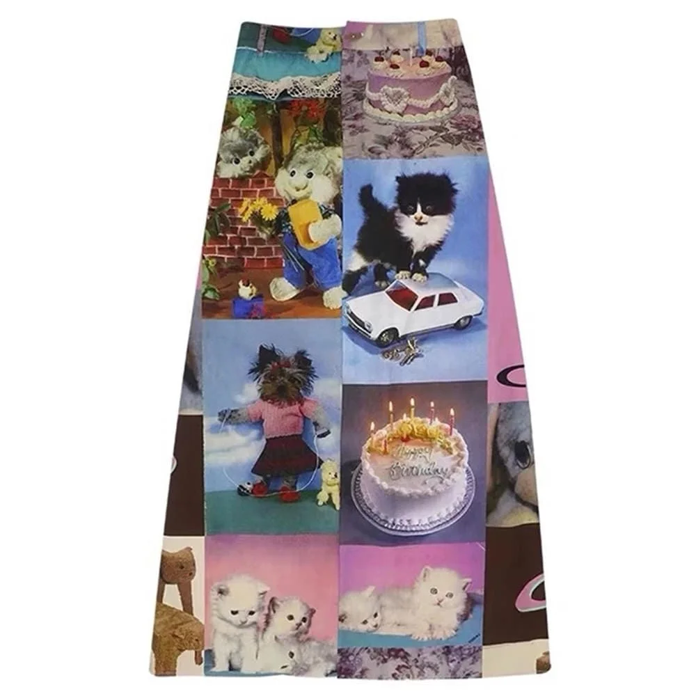 Y2K Cat Collage Midi Skirt — view 1 Y2K Cat Collage Midi Skirt — view 1