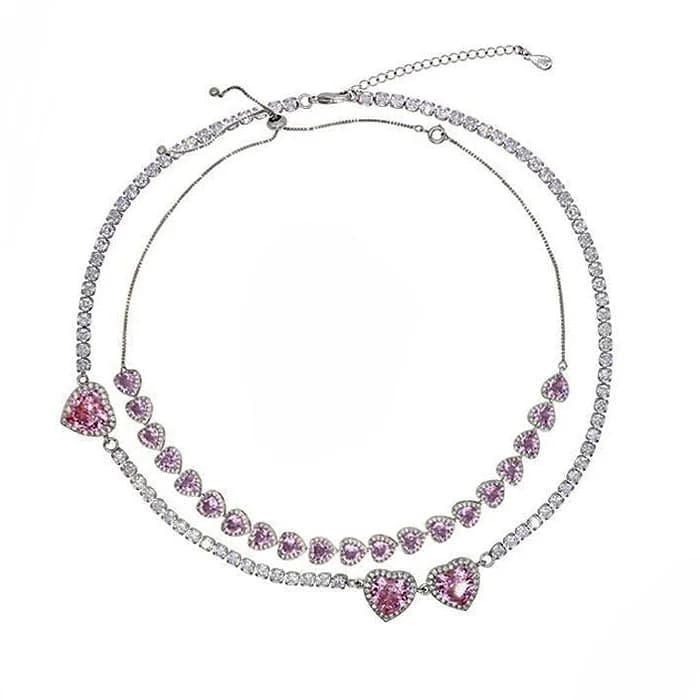 Y2K Pink Heart Rhinestone Necklace — view 1 Y2K Pink Heart Rhinestone Necklace — view 1