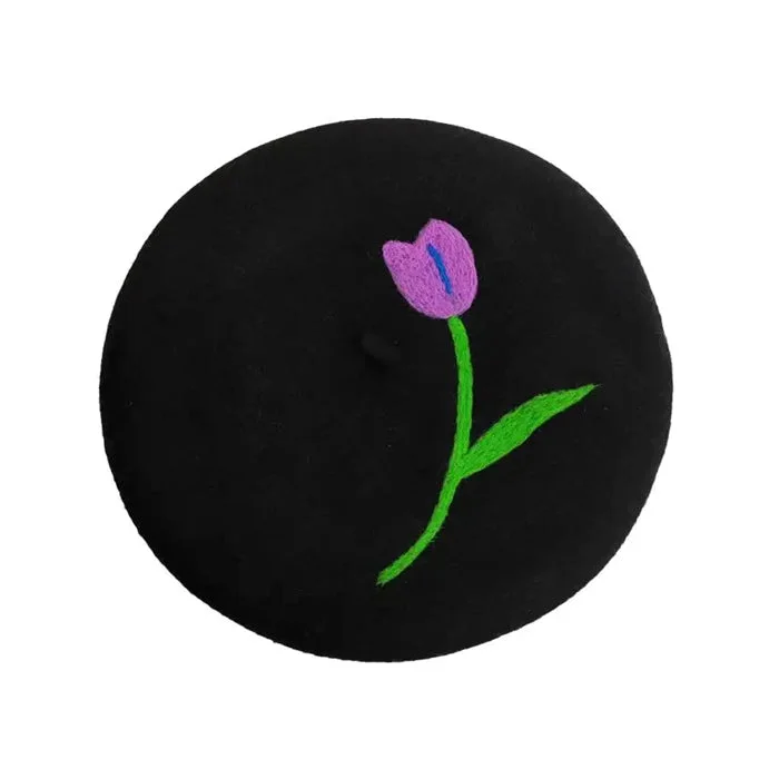 Tulip Embroidery Wool Beret — view 2 Tulip Embroidery Wool Beret — view 2