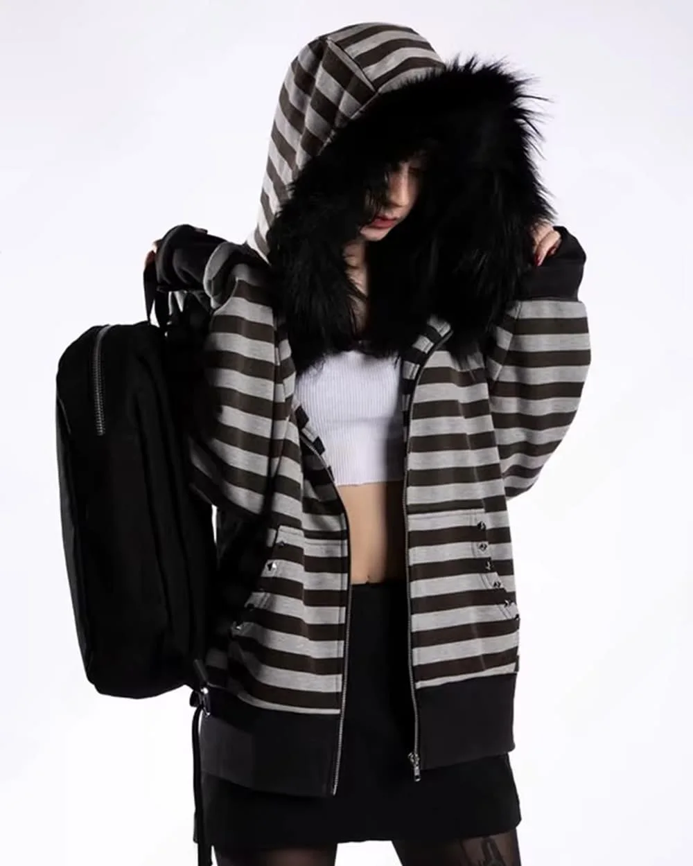2000s Striped Faux Fur Zip-Up Hoodie — view 3 2000s Striped Faux Fur Zip-Up Hoodie — view 3