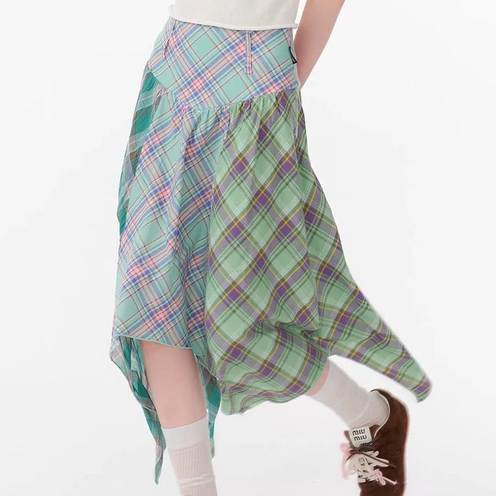 Patchwork Midi Plaid Skirt — view 1 Patchwork Midi Plaid Skirt — view 1