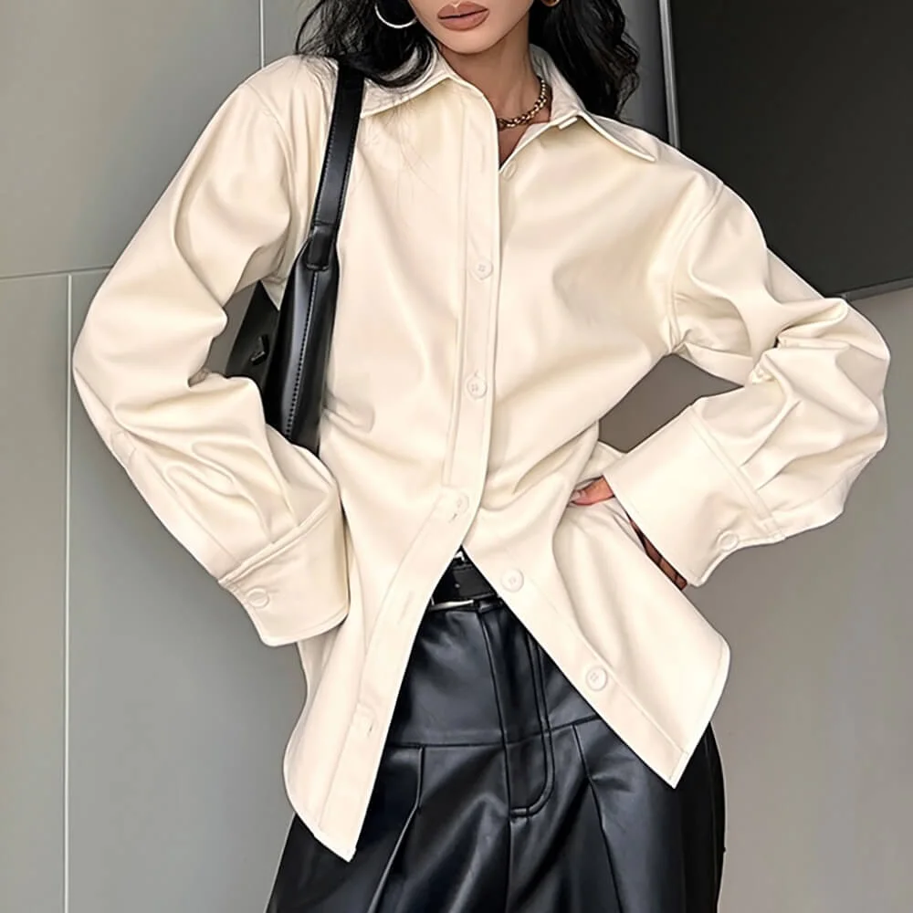 Latte Cream Vegan Leather Shirt — view 2 Latte Cream Vegan Leather Shirt — view 2