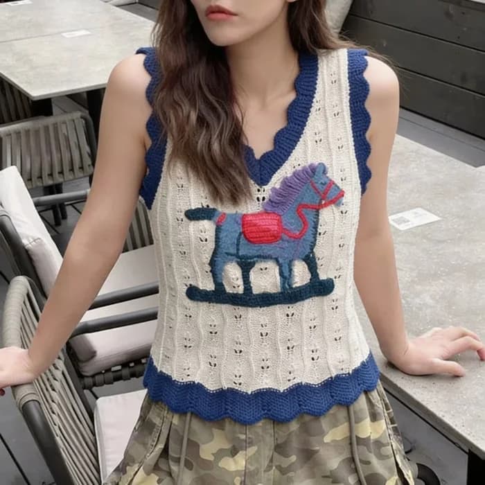 Rocking Horse Embroidered Knitted Vest — view 2 Rocking Horse Embroidered Knitted Vest — view 2