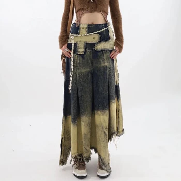 Fairy Grunge Washed Long Denim Skirt — view 3 Fairy Grunge Washed Long Denim Skirt — view 3