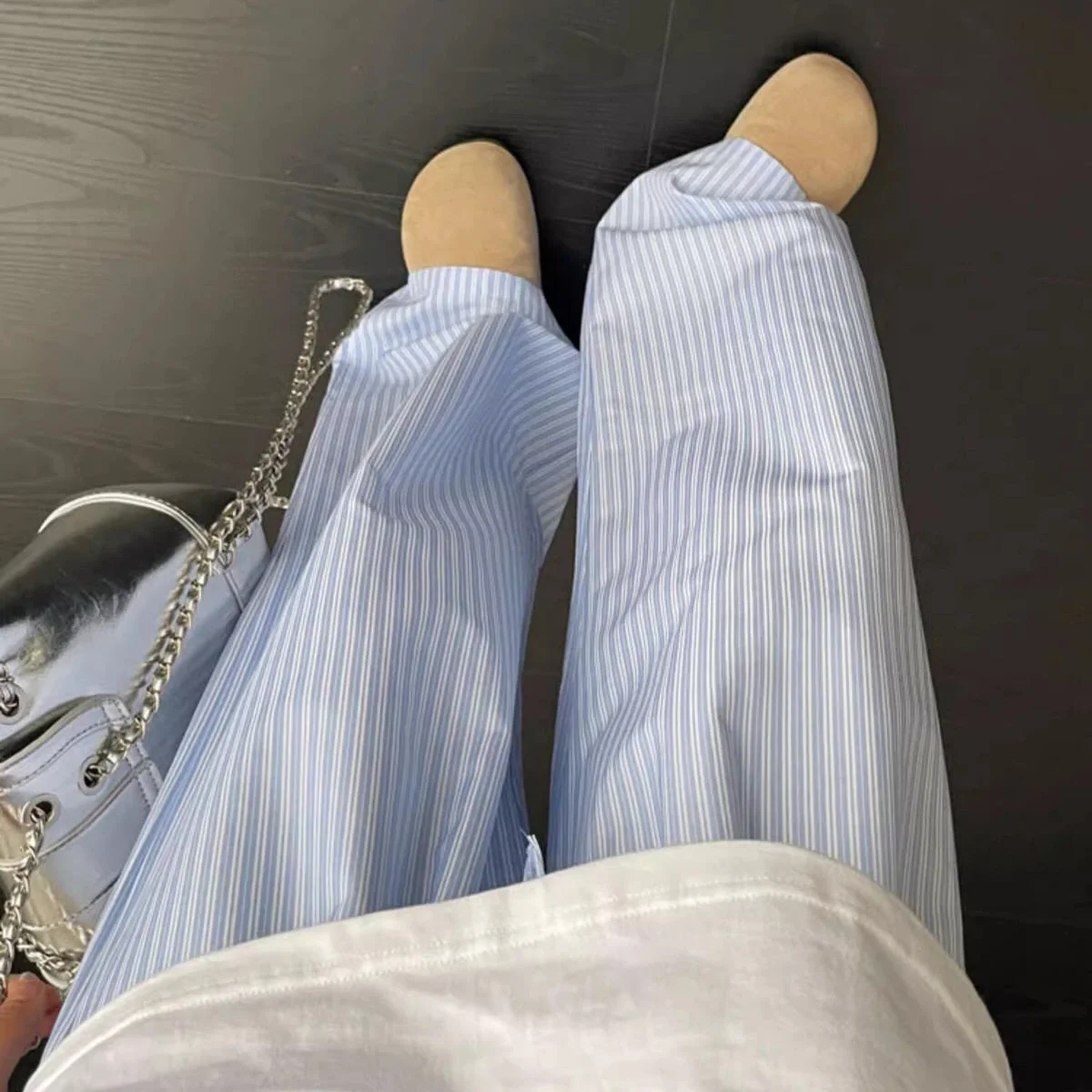 Loose Fit Pastel Cotton Stripe Pants — view 2 Loose Fit Pastel Cotton Stripe Pants — view 2