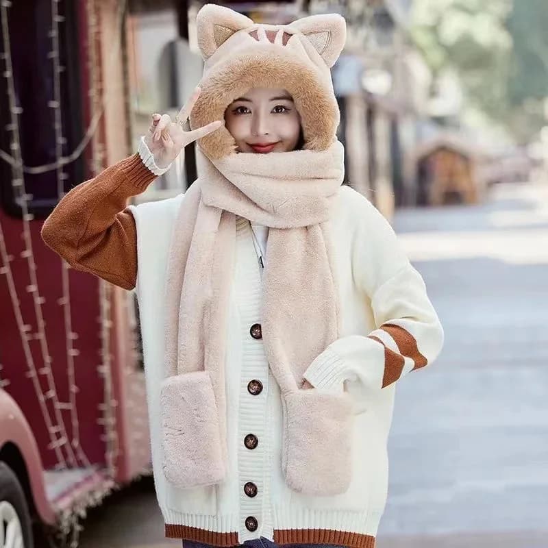 Kawaii Cat Winter Hat, Scarf, & Gloves Combo — view 2 Kawaii Cat Winter Hat, Scarf, & Gloves Combo — view 2