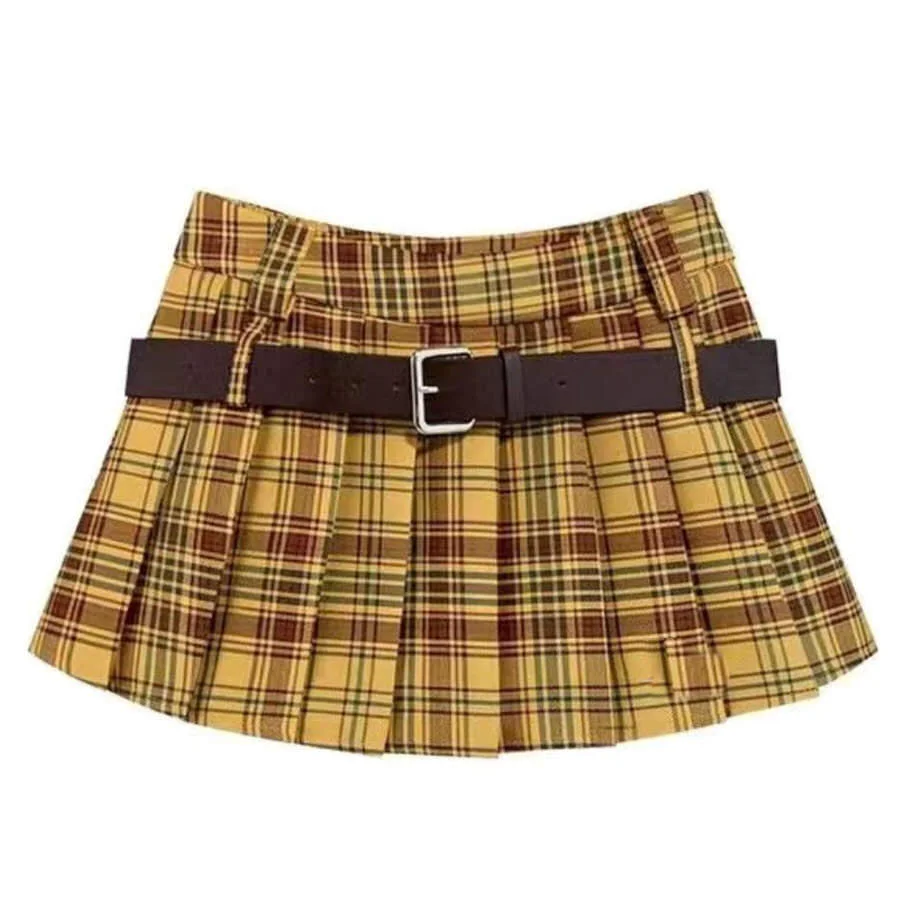 Double Belt Plaid Pleated Skirt in Yellow — view 1 Double Belt Plaid Pleated Skirt in Yellow — view 1