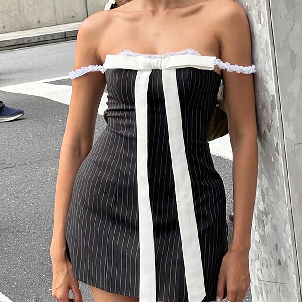 Bow Lace Striped Mini Dress — view 2 Bow Lace Striped Mini Dress — view 2