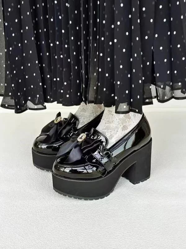 Jirai Kei Black Patent Platform Loafers with Satin Bow & Rhinestone — view 2 Jirai Kei Black Patent Platform Loafers with Satin Bow & Rhinestone — view 2