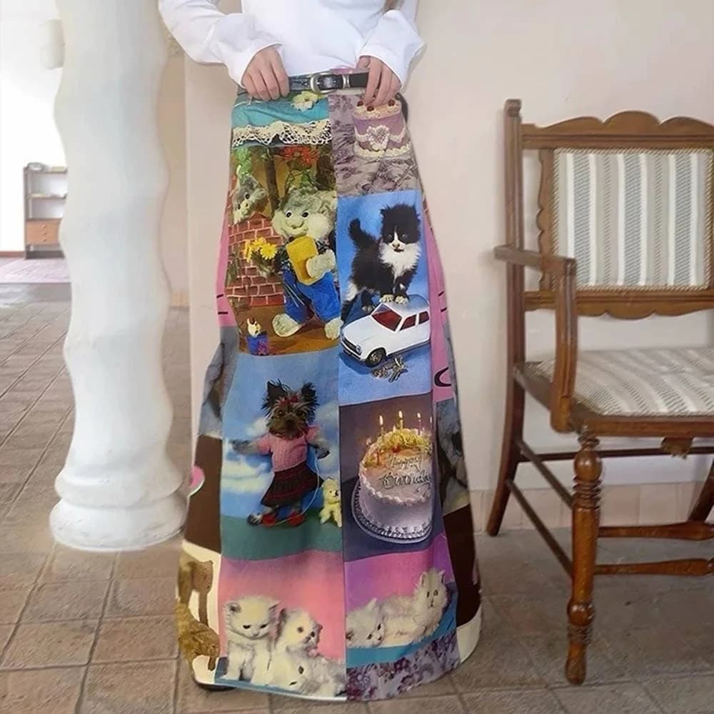 Y2K Cat Collage Midi Skirt — view 2 Y2K Cat Collage Midi Skirt — view 2