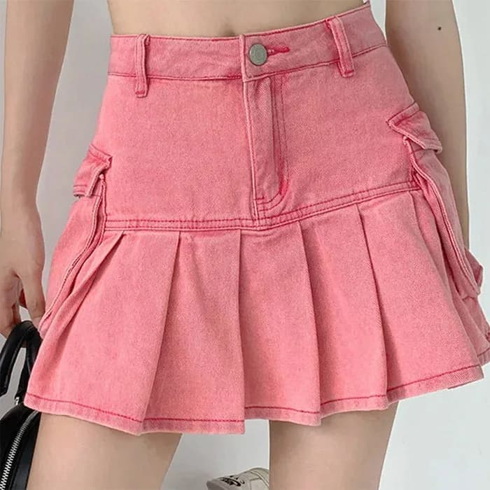 Pink Denim Cargo Mini Skirt — view 2 Pink Denim Cargo Mini Skirt — view 2