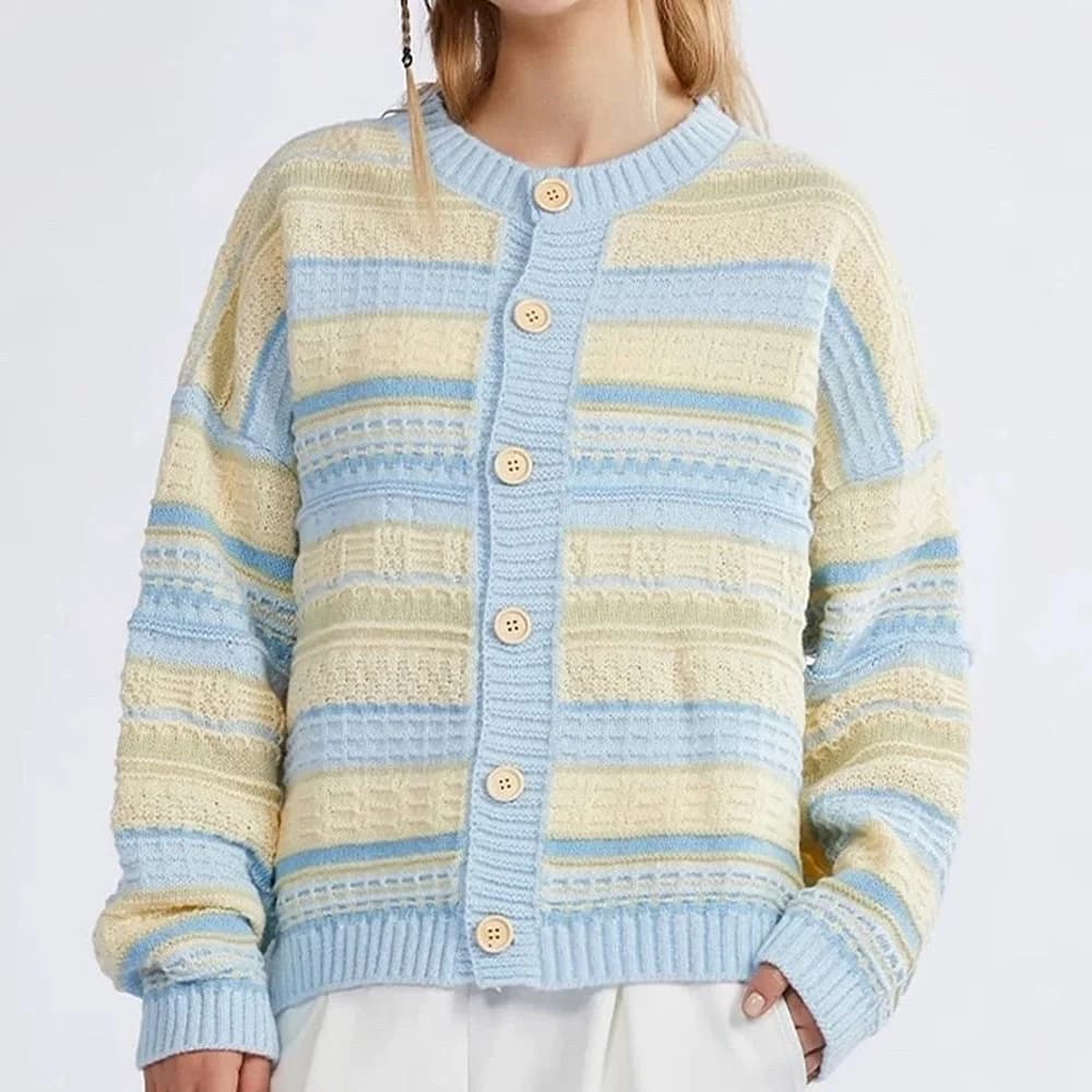 Blue & Yellow Pastel Striped Cardigan — view 3 Blue & Yellow Pastel Striped Cardigan — view 3