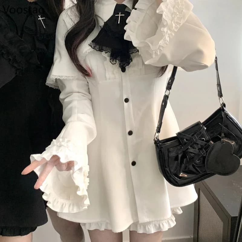 Japanese Y2K Vintage Dress Set – Flare Sleeve Patchwork Mini Dress (S–M) — view 1 Japanese Y2K Vintage Dress Set – Flare Sleeve Patchwork Mini Dress (S–M) — view 1