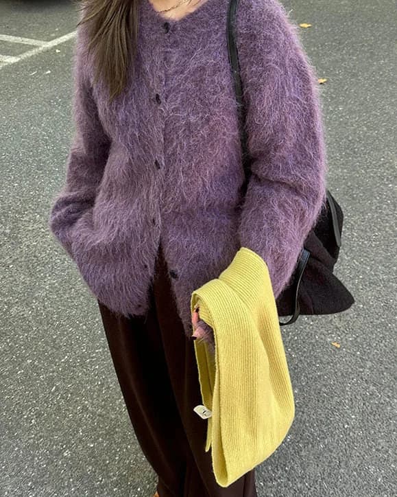 Grape Fuzzy Cardigan — view 2 Grape Fuzzy Cardigan — view 2