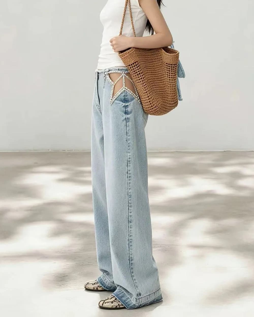 Rhinestone Star Cutout Wide Leg Jeans — view 3 Rhinestone Star Cutout Wide Leg Jeans — view 3