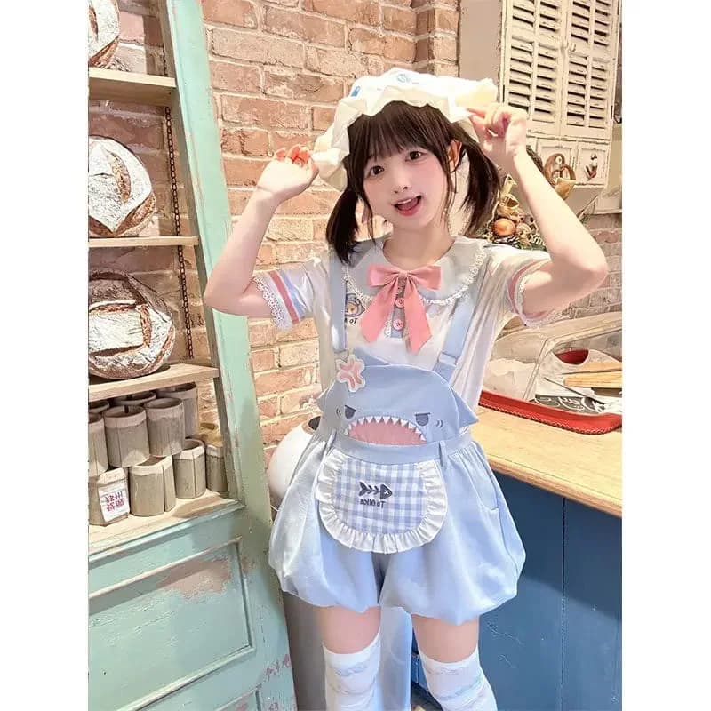 Pastel Blue Shark Overall Shorts — view 2 Pastel Blue Shark Overall Shorts — view 2