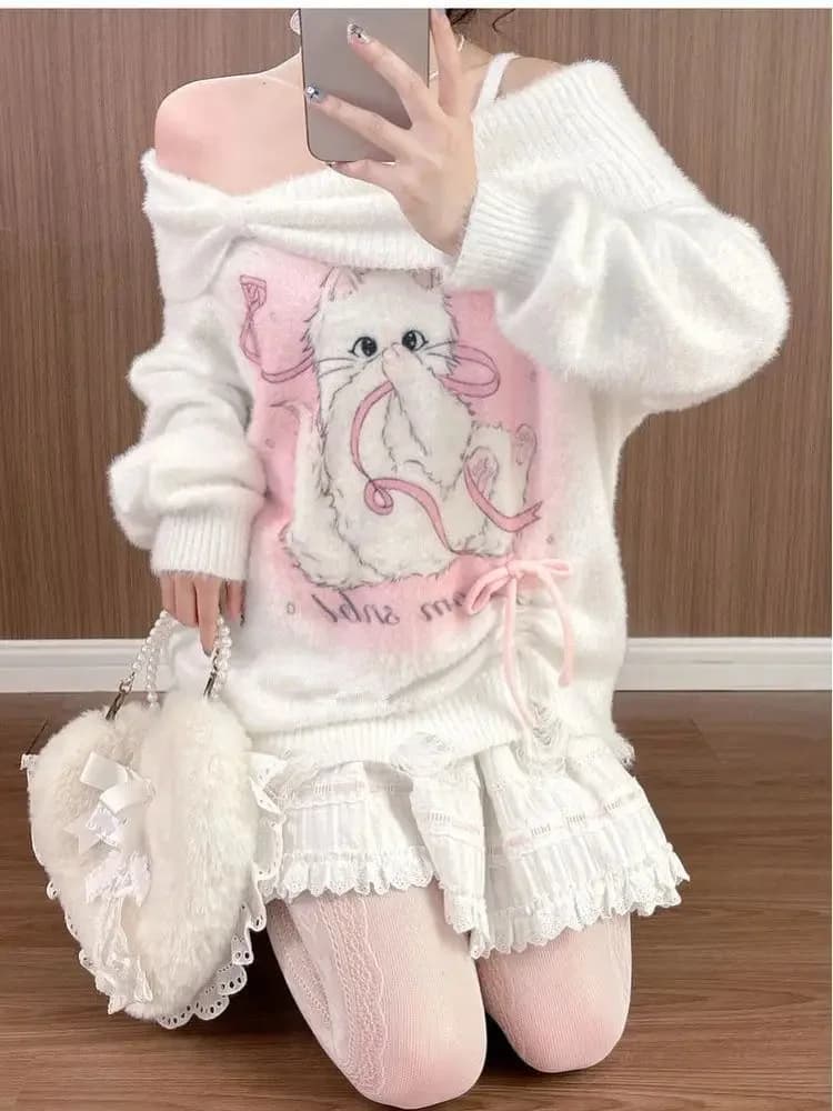 Pink Kitten Off Shoulder Ruched Sweater — view 2 Pink Kitten Off Shoulder Ruched Sweater — view 2