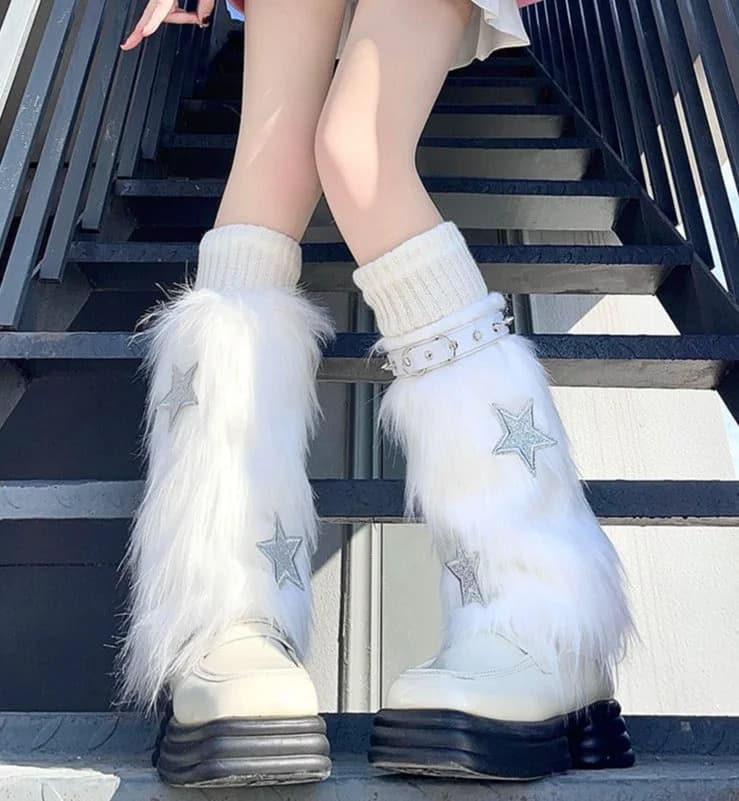 Fuzzy White Star Fur Leg Warmers — view 1 Fuzzy White Star Fur Leg Warmers — view 1