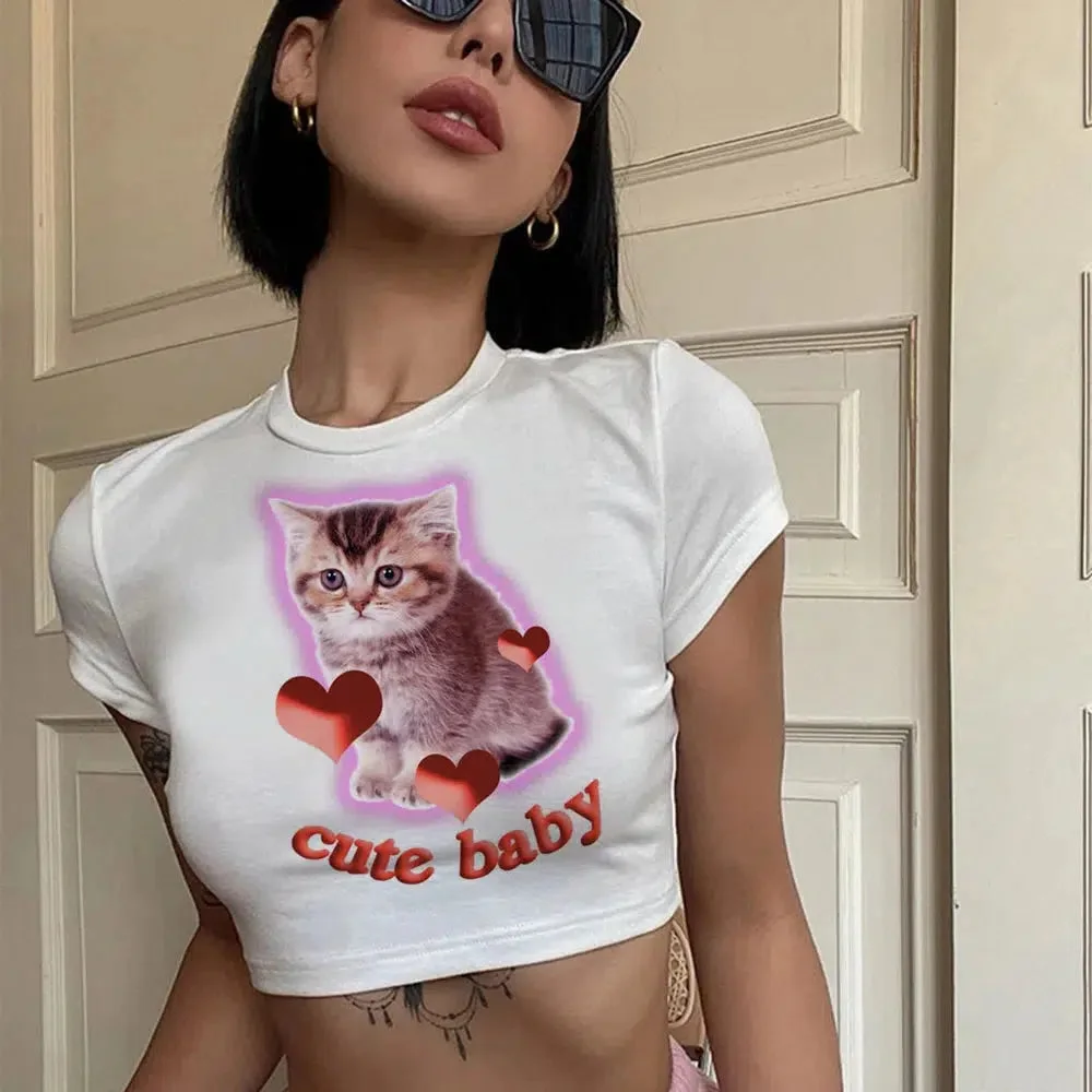 Y2K Cat Baby Tee — view 1 Y2K Cat Baby Tee — view 1