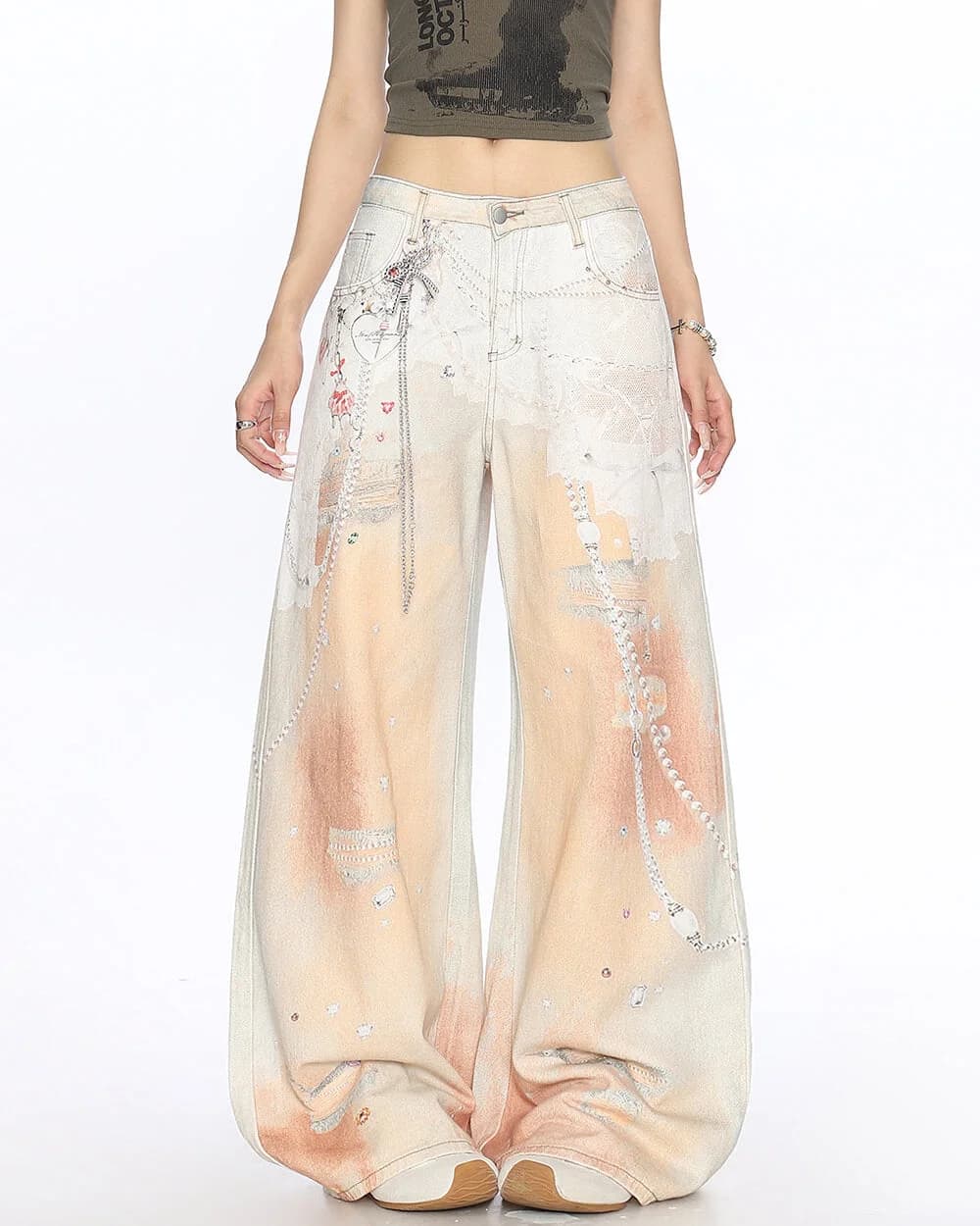 Y2K Chain Print Wide Leg Jeans in Peach — view 2 Y2K Chain Print Wide Leg Jeans in Peach — view 2
