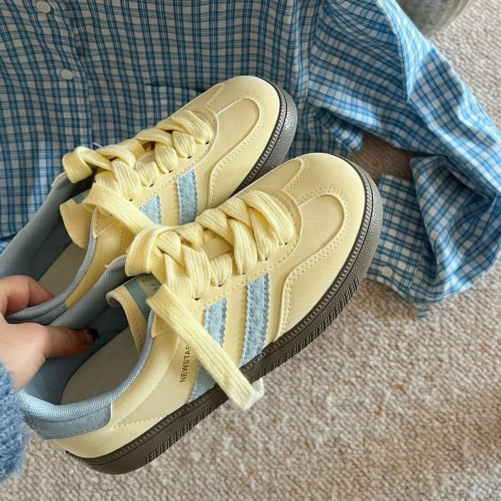 Pastel Yellow & Blue Stripe Sneakers — view 3 Pastel Yellow & Blue Stripe Sneakers — view 3