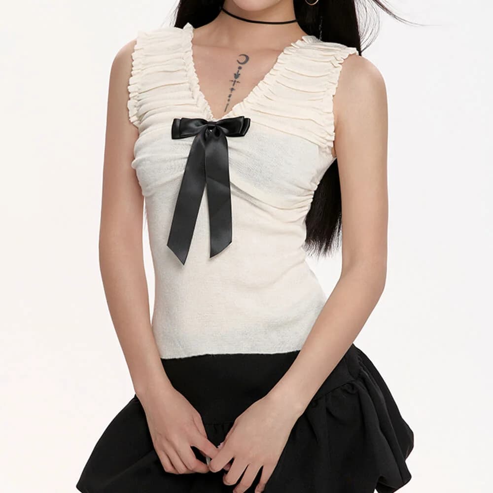 Preppy Ruched Top with Satin Bow — view 3 Preppy Ruched Top with Satin Bow — view 3