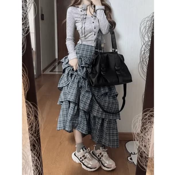 Long Plaid Y2K Skirt — view 2 Long Plaid Y2K Skirt — view 2