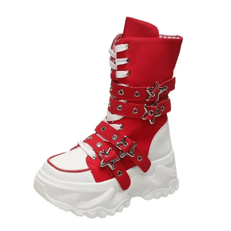 Jirai Kei Red Gingham Platform High-Top Lace-Up Boots with Star Buckle — view 2 Jirai Kei Red Gingham Platform High-Top Lace-Up Boots with Star Buckle — view 2