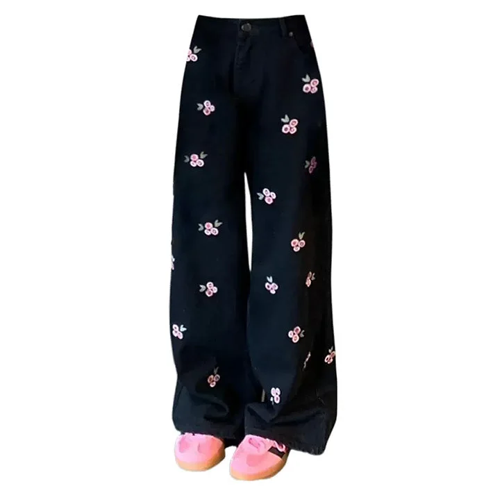Pink Rose Embroidery Wide Leg Pants — view 2 Pink Rose Embroidery Wide Leg Pants — view 2