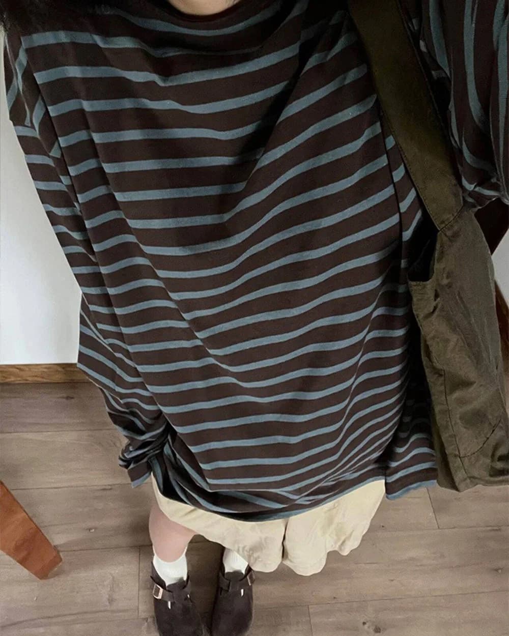 Brown & Blue Striped Long Sleeve T-Shirt — view 2 Brown & Blue Striped Long Sleeve T-Shirt — view 2