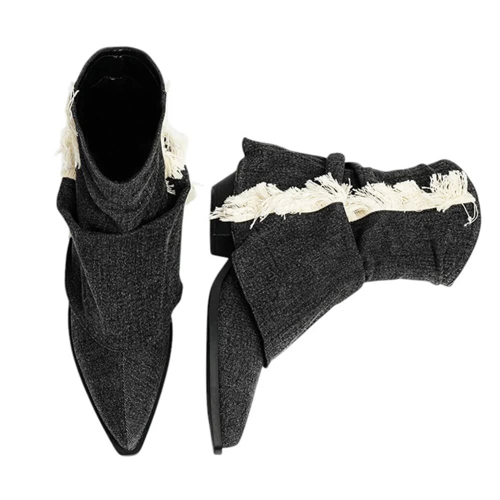 Y2K Style Distressed Black Denim Boots — view 2 Y2K Style Distressed Black Denim Boots — view 2