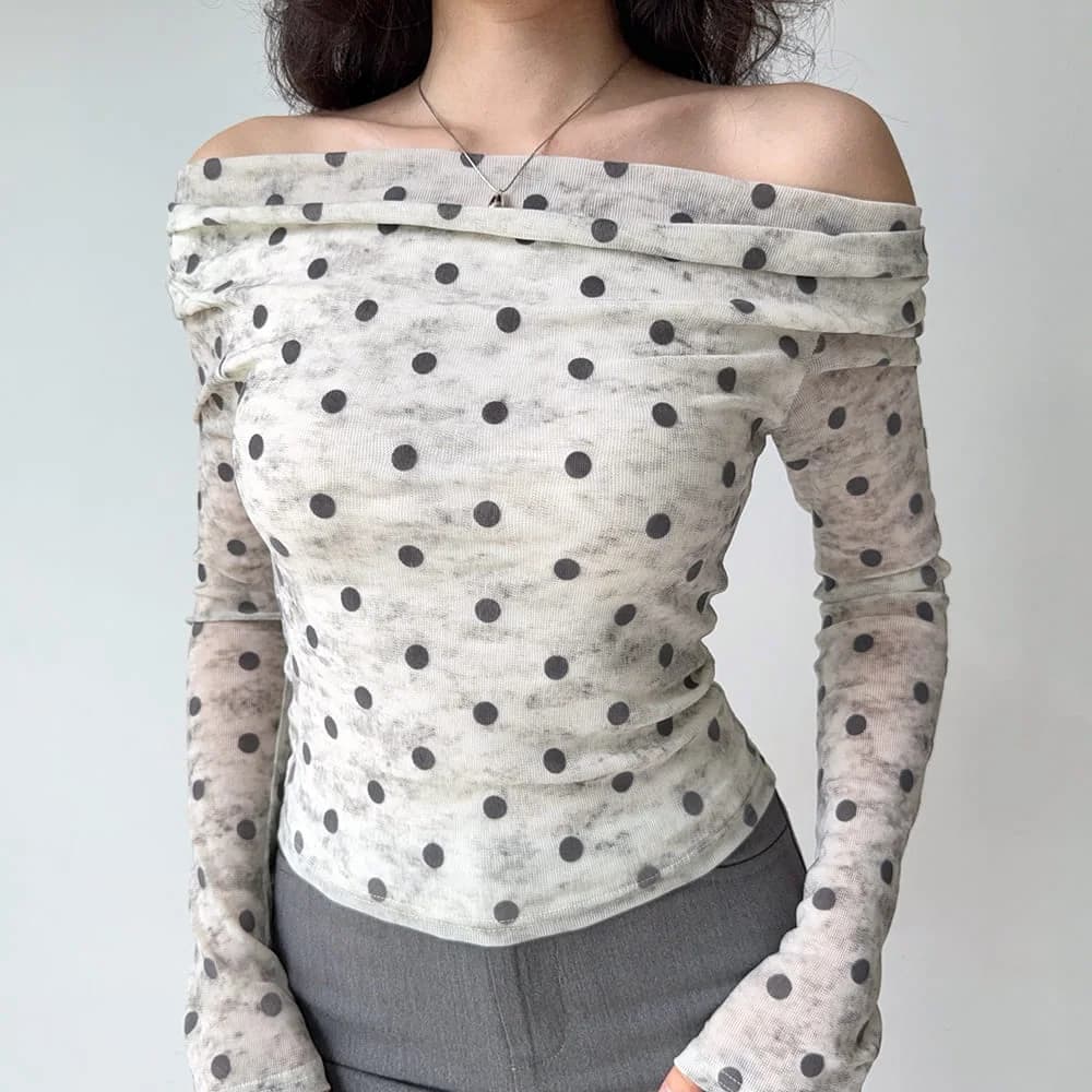 Polka Dot Off Shoulder Bardot Top — view 2 Polka Dot Off Shoulder Bardot Top — view 2