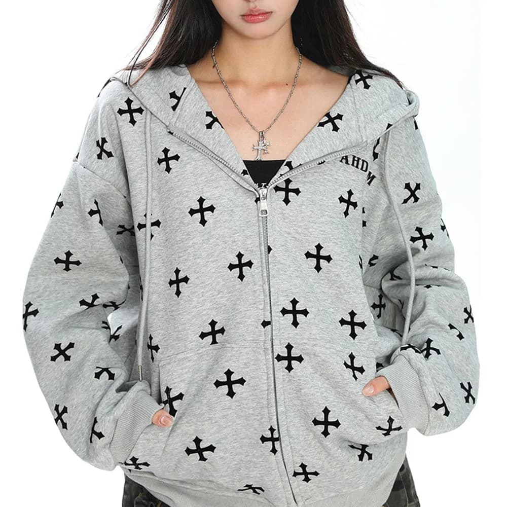 Cross Print Zip Up Hoodie — view 2 Cross Print Zip Up Hoodie — view 2