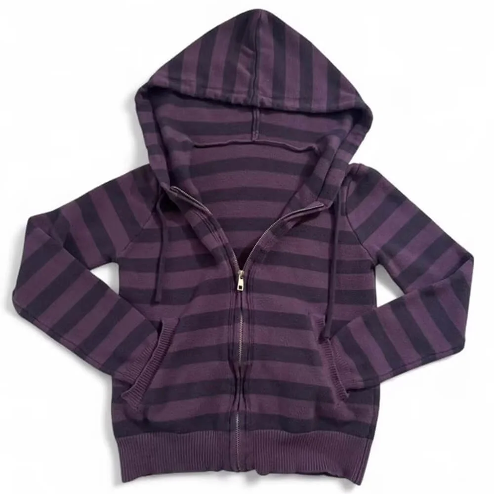 Purple & Black Striped Lightweight Knit Hoodie — view 3 Purple & Black Striped Lightweight Knit Hoodie — view 3