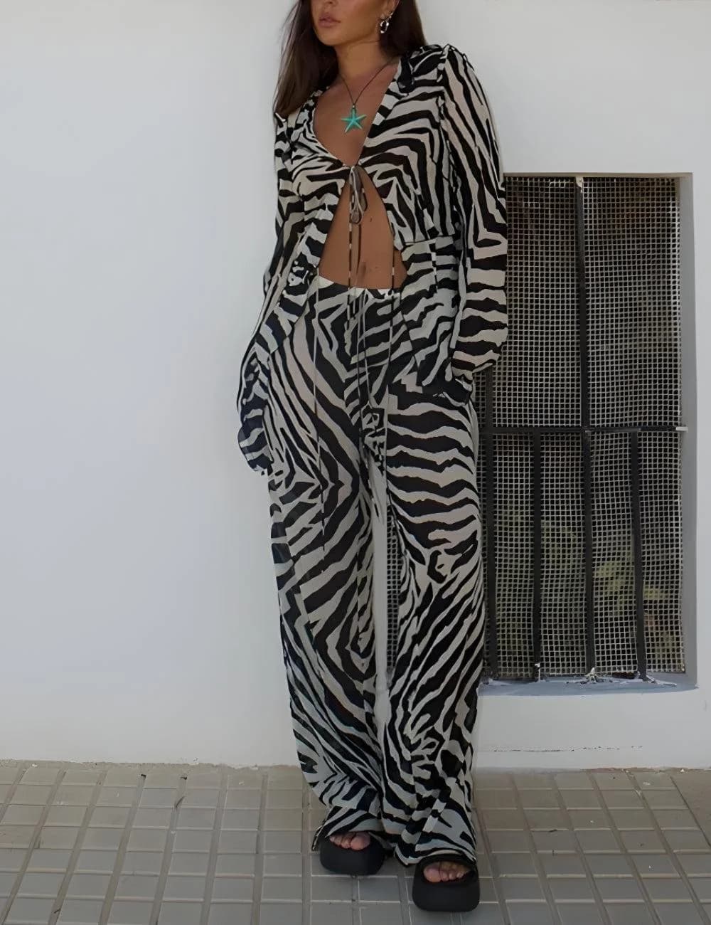 Zebra Tie Up Blouse & Pants Two Piece Set — view 1 Zebra Tie Up Blouse & Pants Two Piece Set — view 1