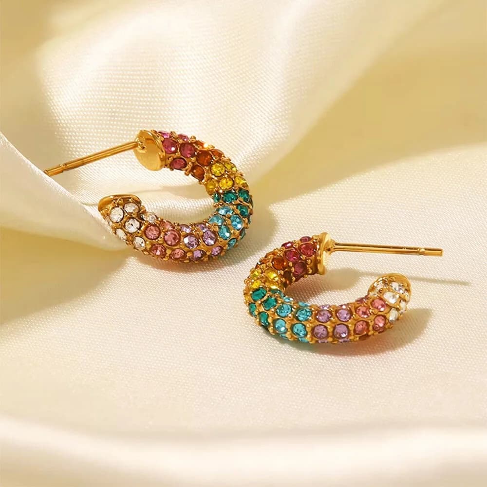 Y2K Aesthetic Rainbow Rhinestone Earrings — view 2 Y2K Aesthetic Rainbow Rhinestone Earrings — view 2