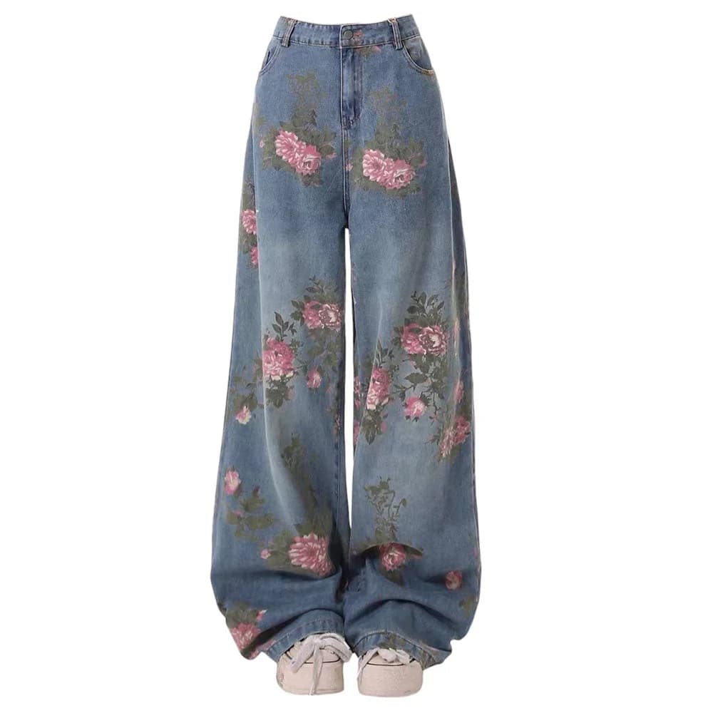 Cottagecore Rose Print Wide Jeans — view 1 Cottagecore Rose Print Wide Jeans — view 1