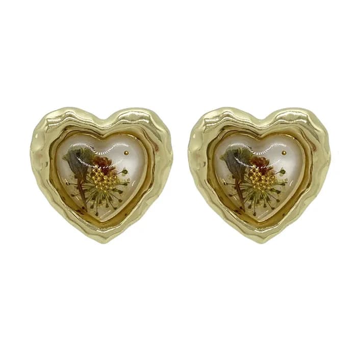 Pressed Flower Vintage Heart Earrings — view 1 Pressed Flower Vintage Heart Earrings — view 1
