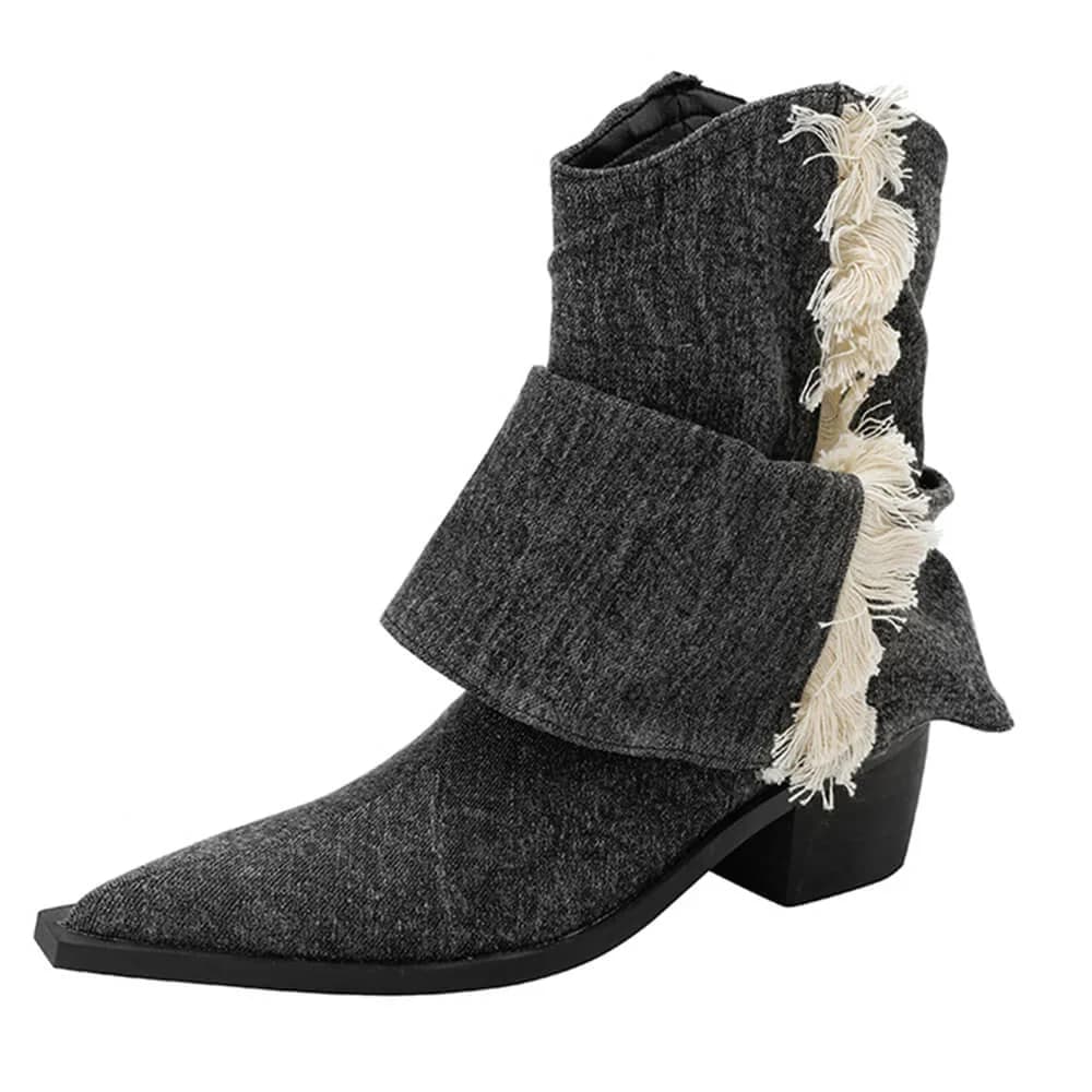 Y2K Style Distressed Black Denim Boots — view 1 Y2K Style Distressed Black Denim Boots — view 1